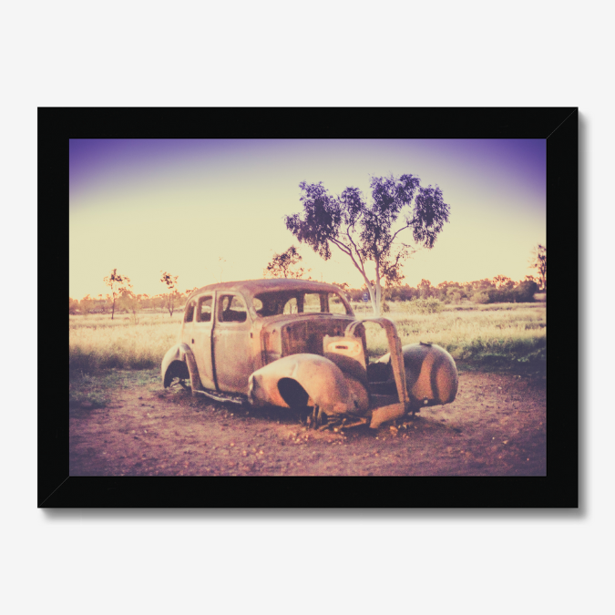 Floating Framed Canvas - Rusted Car in the Outback