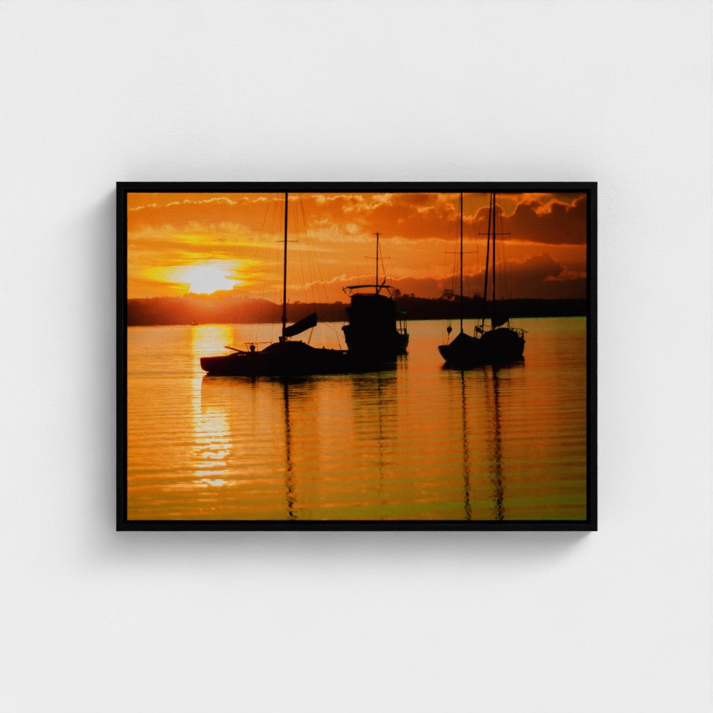 Floating Framed Canvas - Sailboats Fierily Sunset