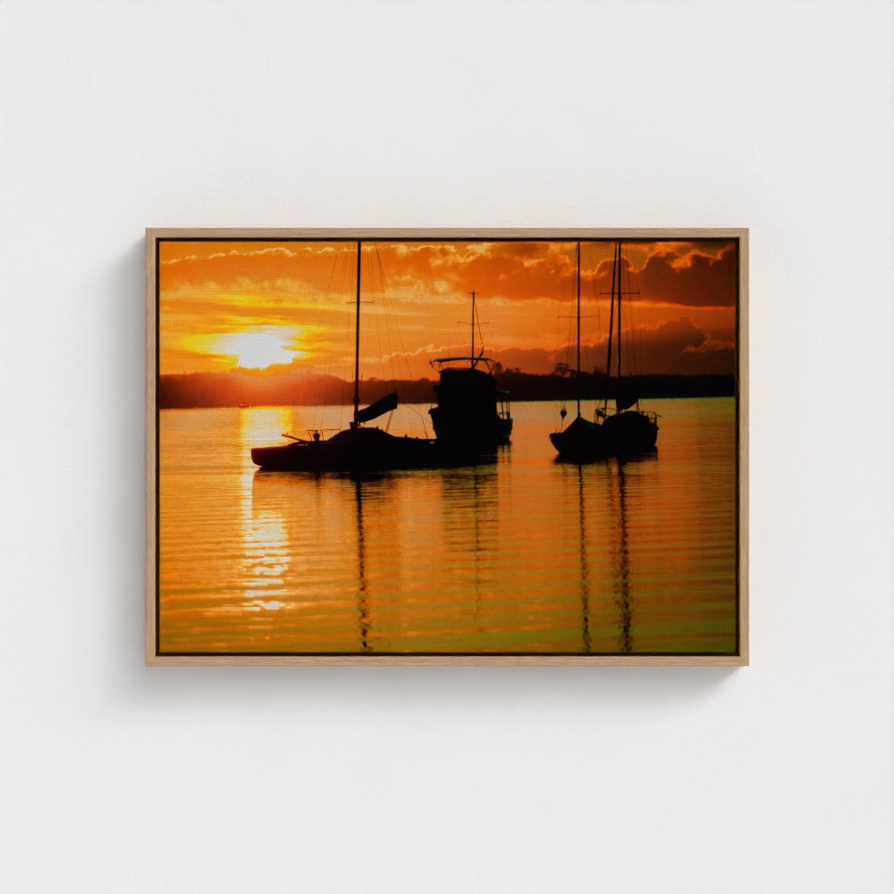 Floating Framed Canvas - Sailboats Fierily Sunset