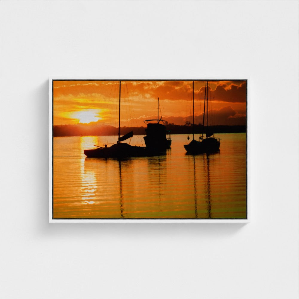 Floating Framed Canvas - Sailboats Fierily Sunset