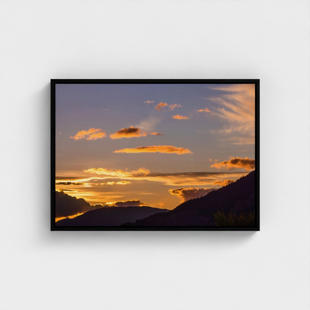 Floating Framed Canvas - Golden Sunset Over Mountains