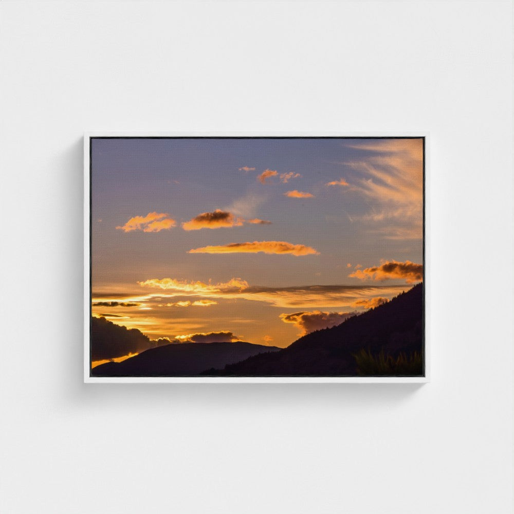 Floating Framed Canvas - Golden Sunset Over Mountains