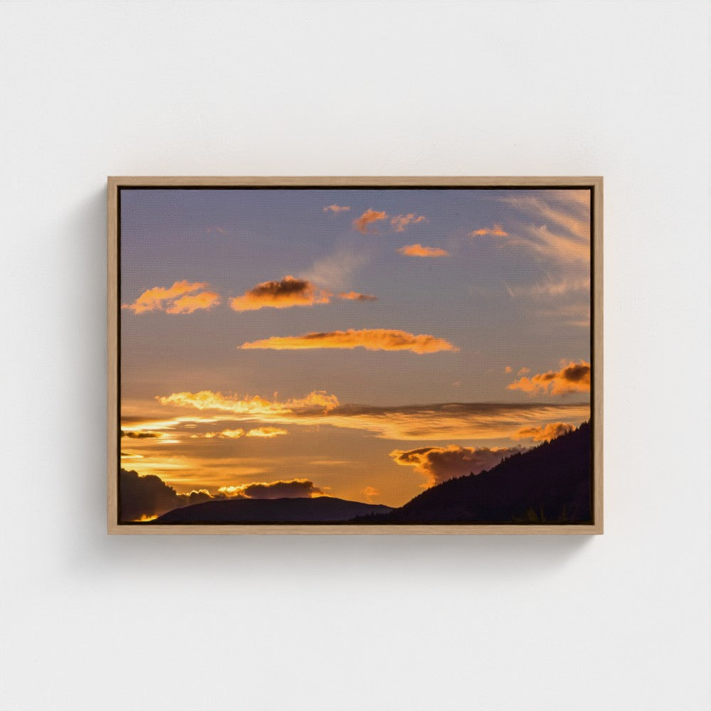 Floating Framed Canvas - Golden Sunset Over Mountains