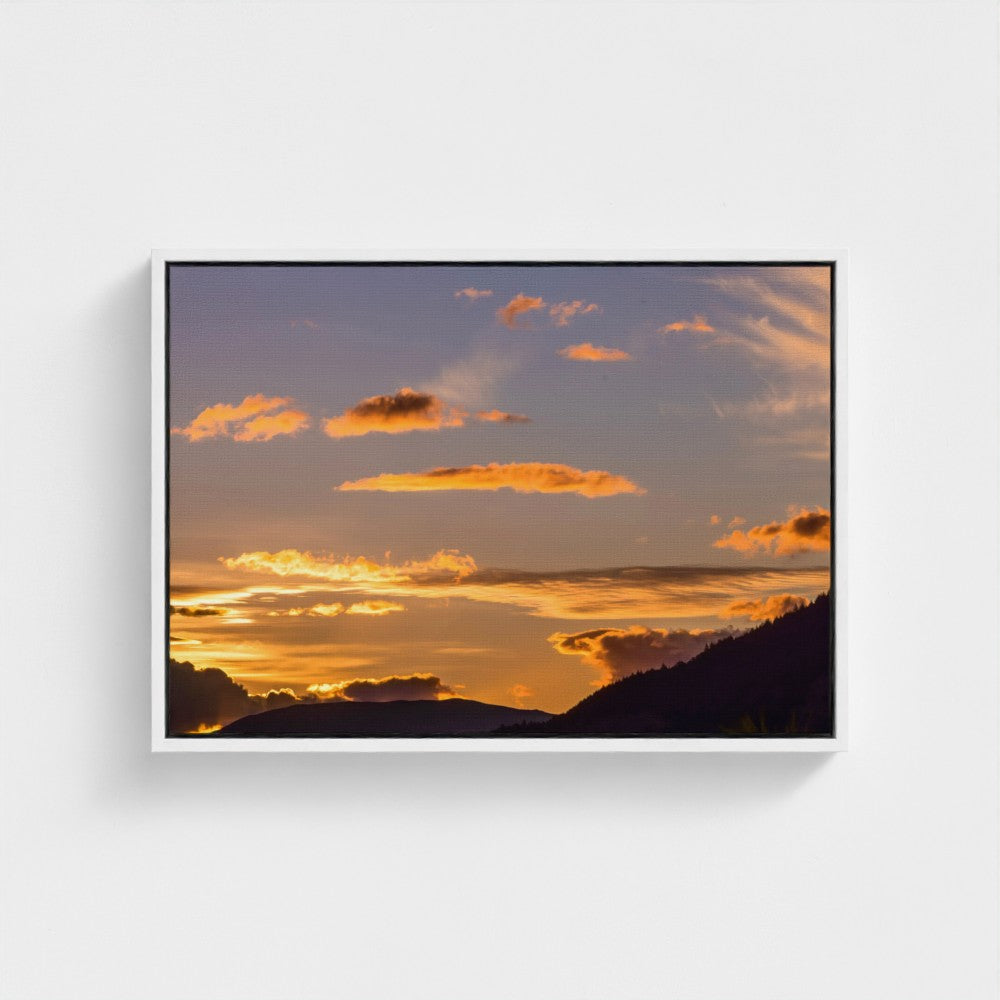 Floating Framed Canvas - Golden Sunset Over Mountains