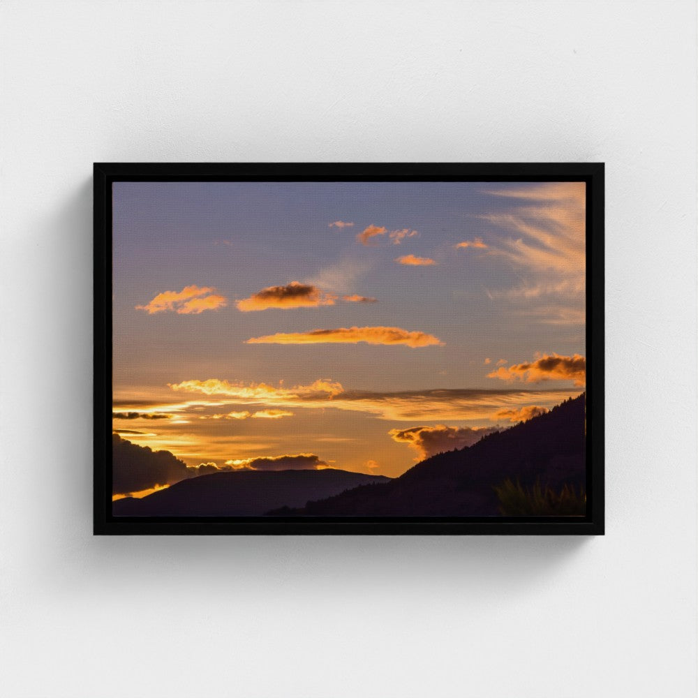 Floating Framed Canvas - Golden Sunset Over Mountains