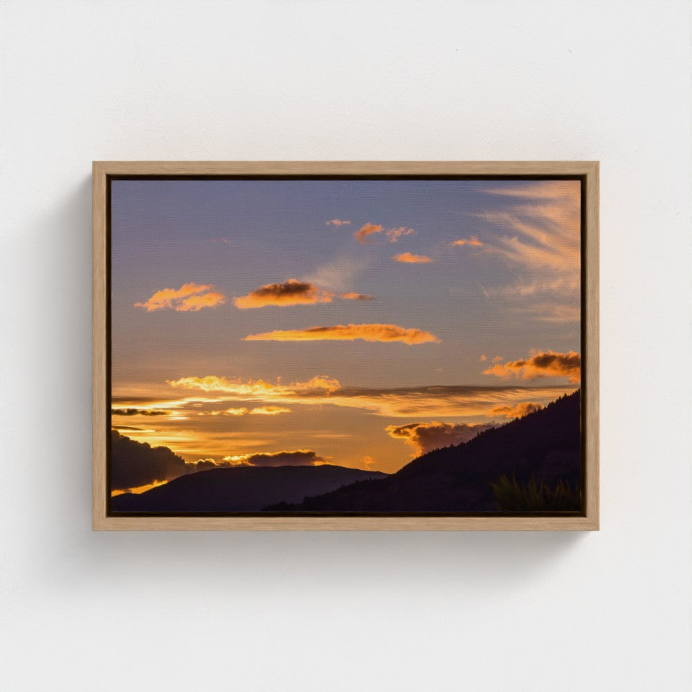 Floating Framed Canvas - Golden Sunset Over Mountains