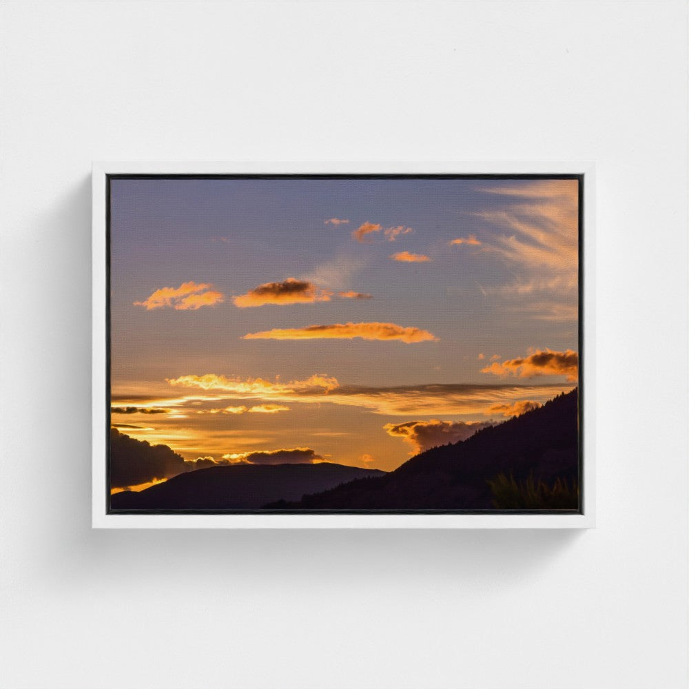 Floating Framed Canvas - Golden Sunset Over Mountains
