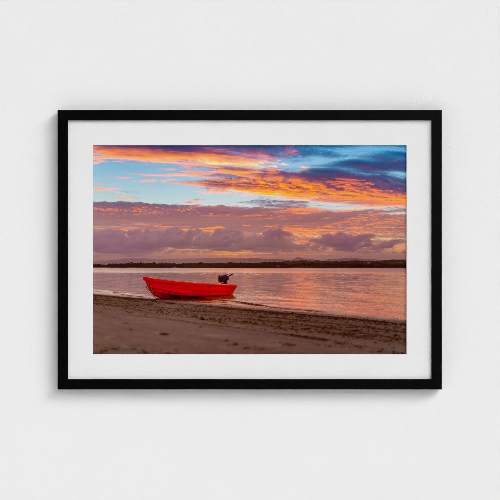 Fine Art Print – Enhanced Matte - Red Boat at Sunset Shore