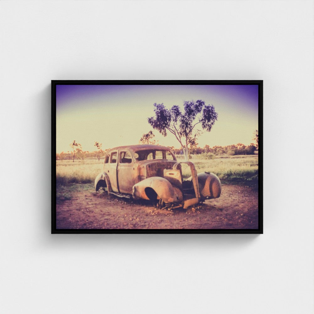 Floating Framed Canvas - Rusted Car in the Outback