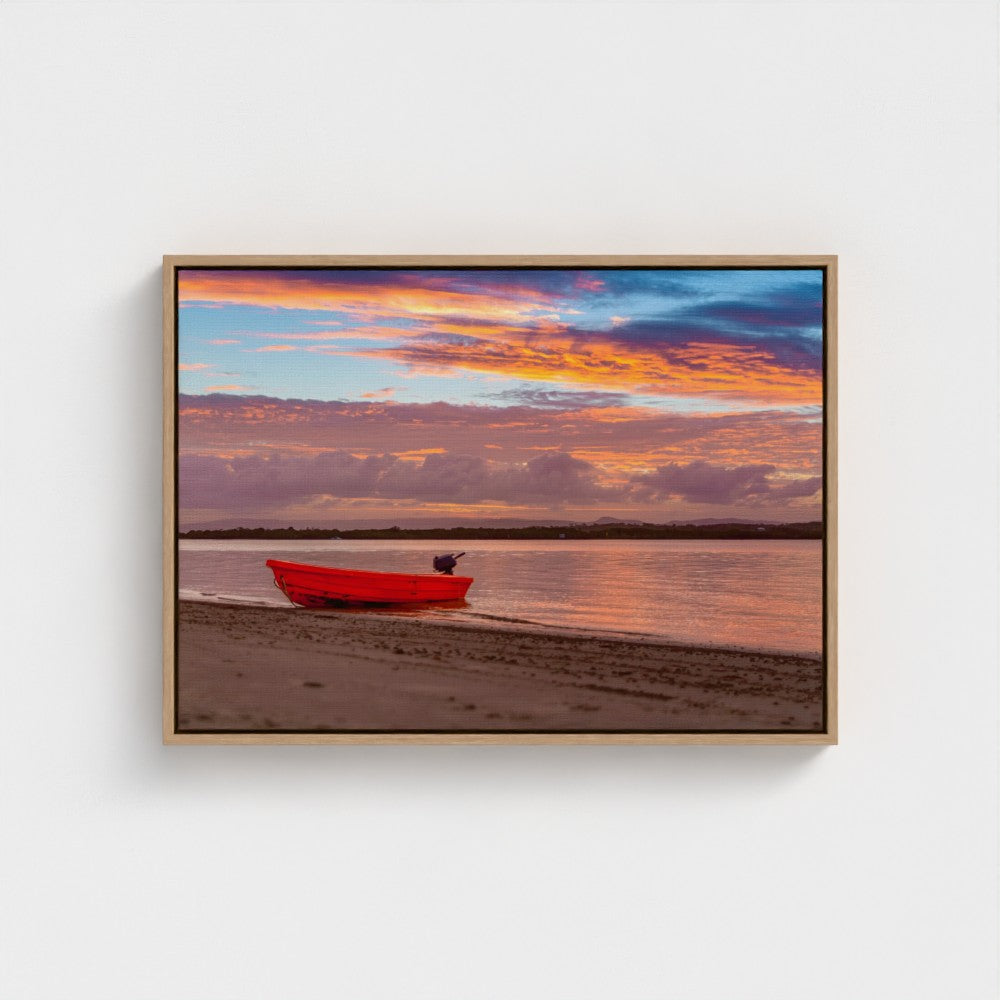 Floating Framed Canvas - Red Boat at Sunset Shore