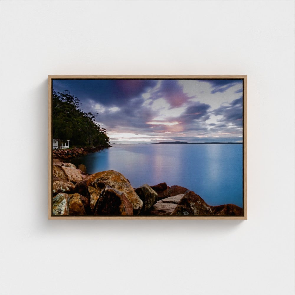 Floating Framed Canvas - Rocky Coastline at Sunset