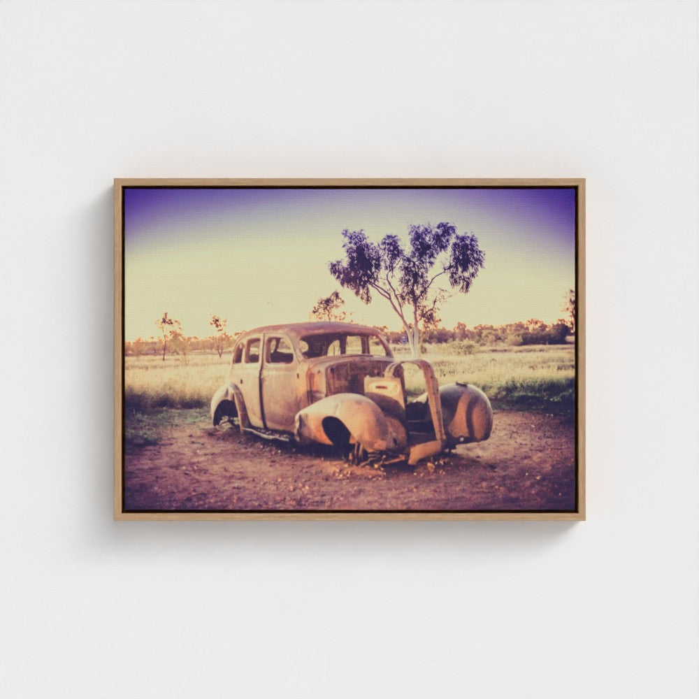 Floating Framed Canvas - Rusted Car in the Outback