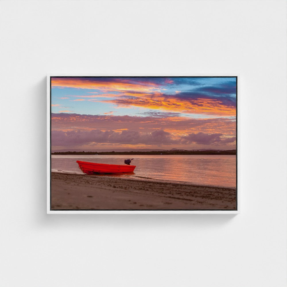 Floating Framed Canvas - Red Boat at Sunset Shore