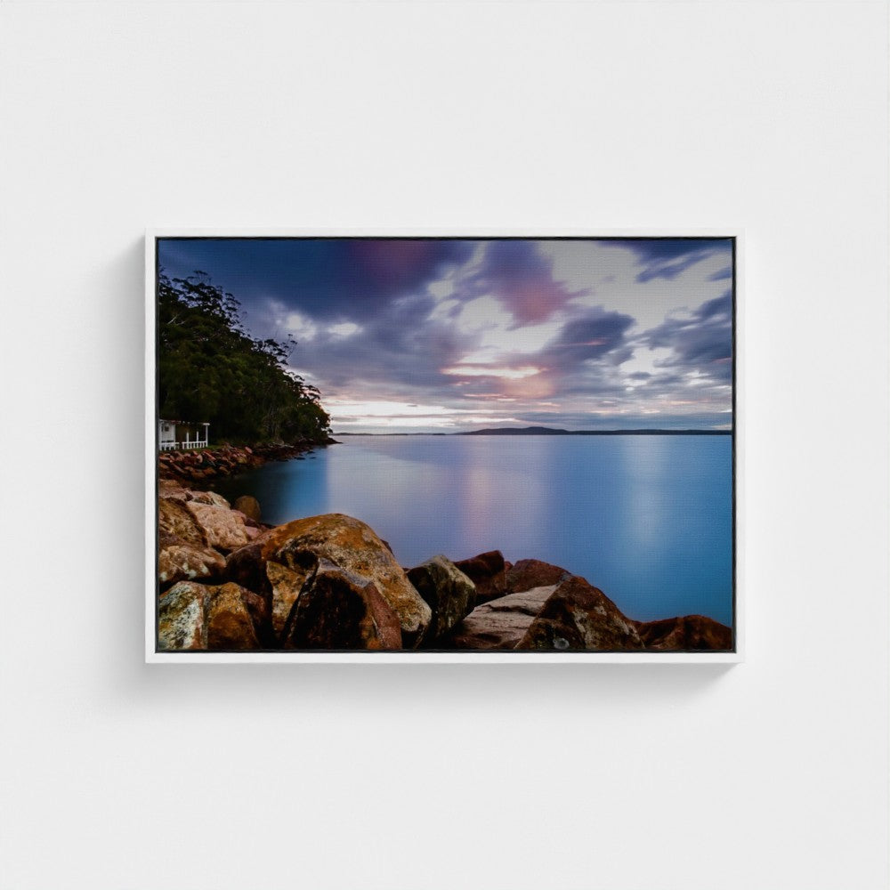 Floating Framed Canvas - Rocky Coastline at Sunset