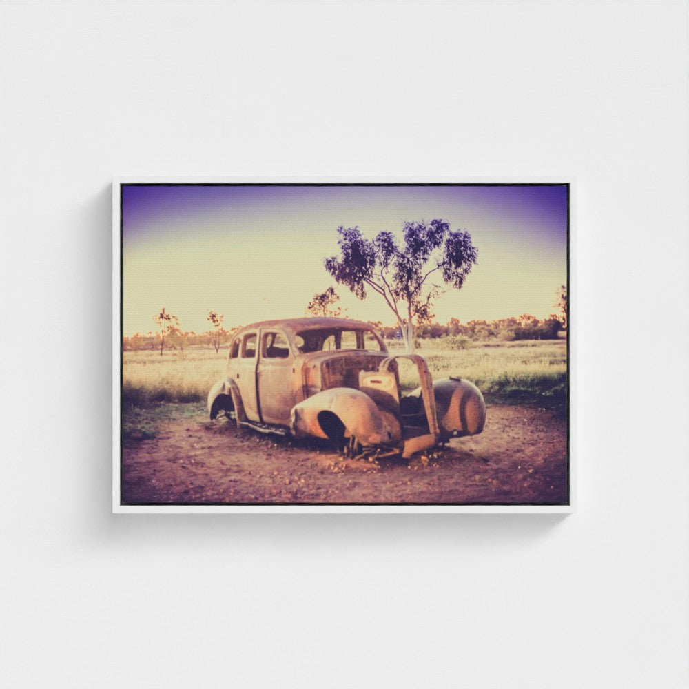 Floating Framed Canvas - Rusted Car in the Outback
