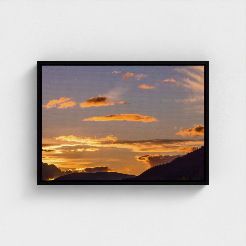 Floating Framed Canvas - Golden Sunset Over Mountains
