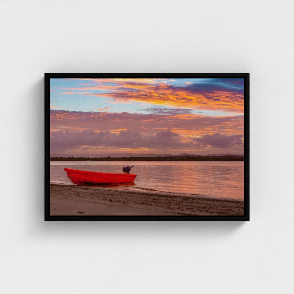 Floating Framed Canvas - Red Boat at Sunset Shore