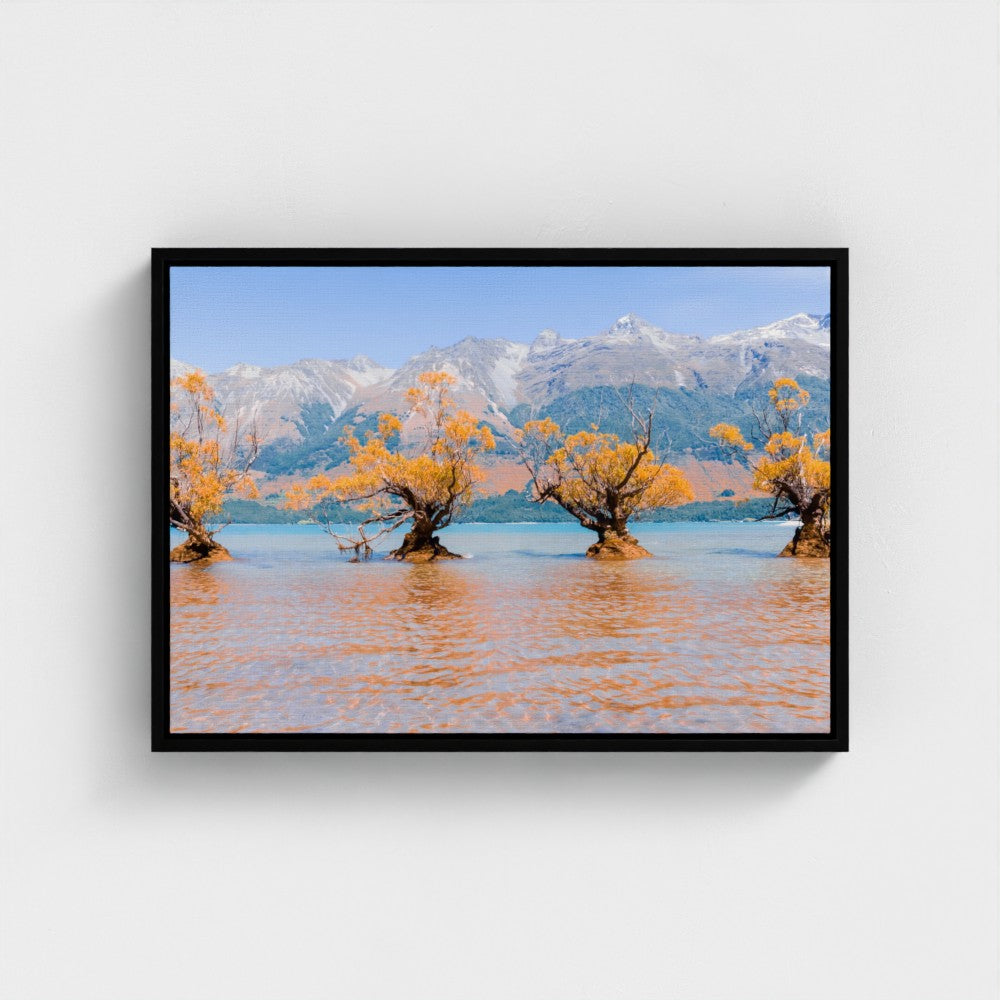 Floating Framed Canvas - Willow Trees in Blue Lake