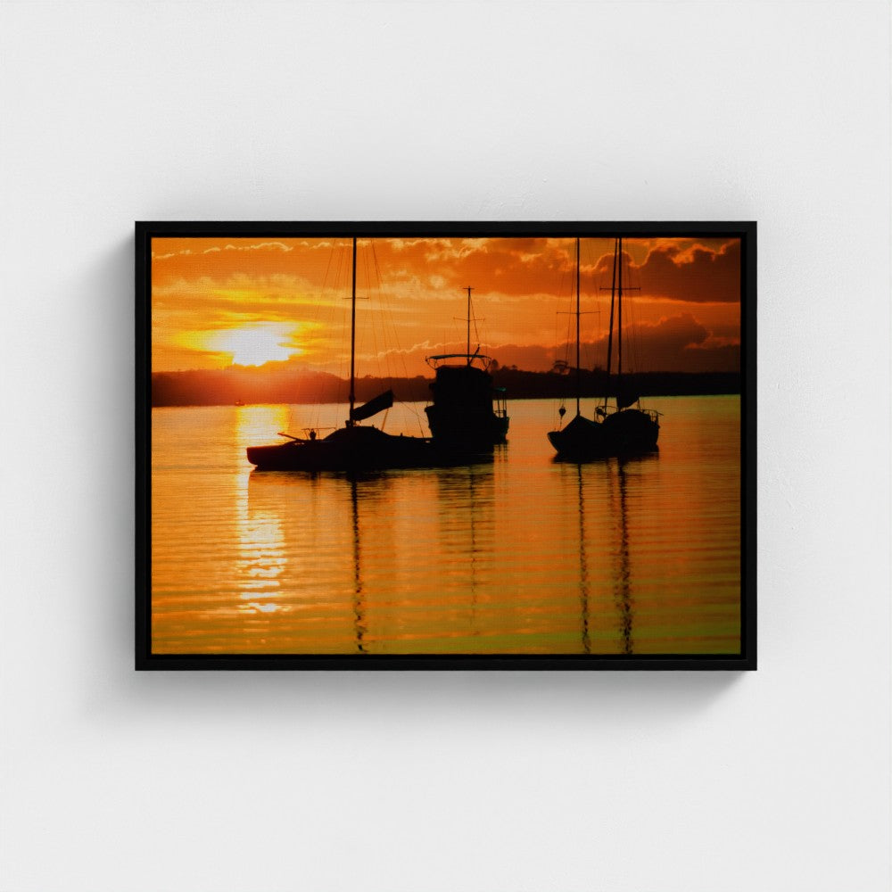 Floating Framed Canvas - Sailboats Fierily Sunset