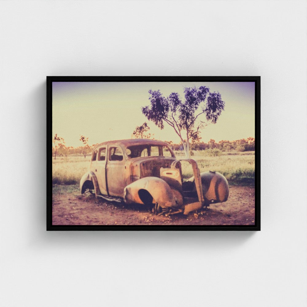 Floating Framed Canvas - Rusted Car in the Outback