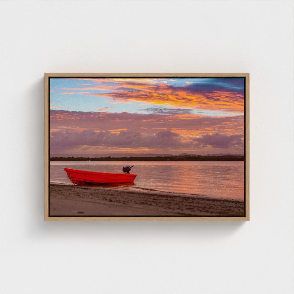 Floating Framed Canvas - Red Boat at Sunset Shore