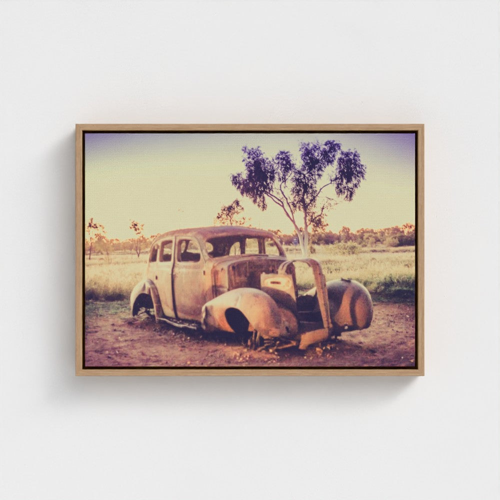 Floating Framed Canvas - Rusted Car in the Outback