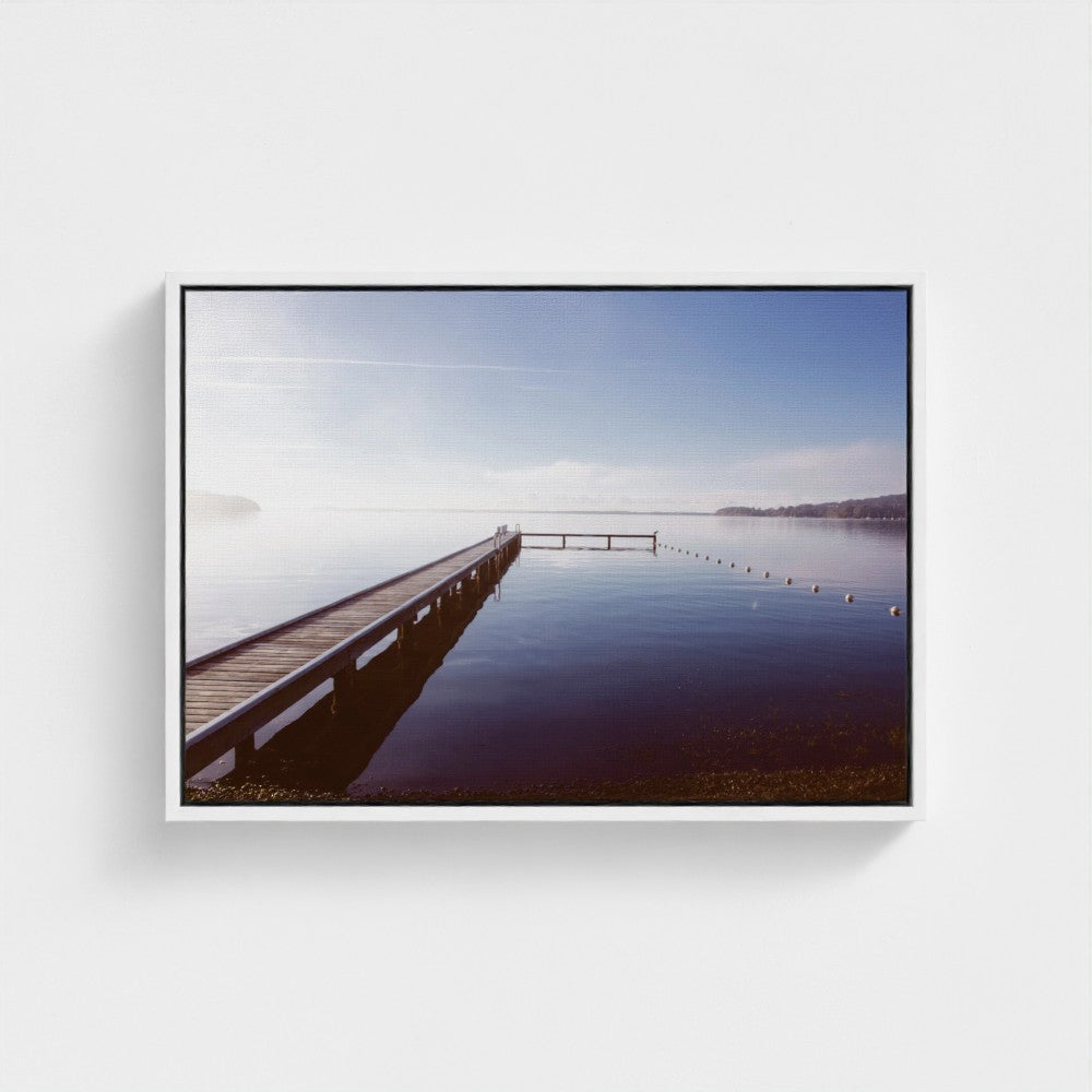 Floating Framed Canvas - Misty Pier at Dawn