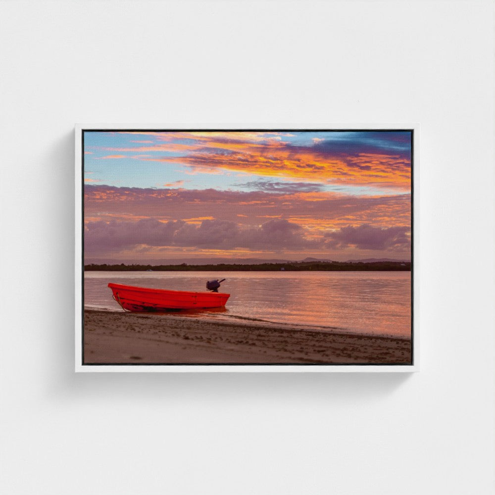 Floating Framed Canvas - Red Boat at Sunset Shore