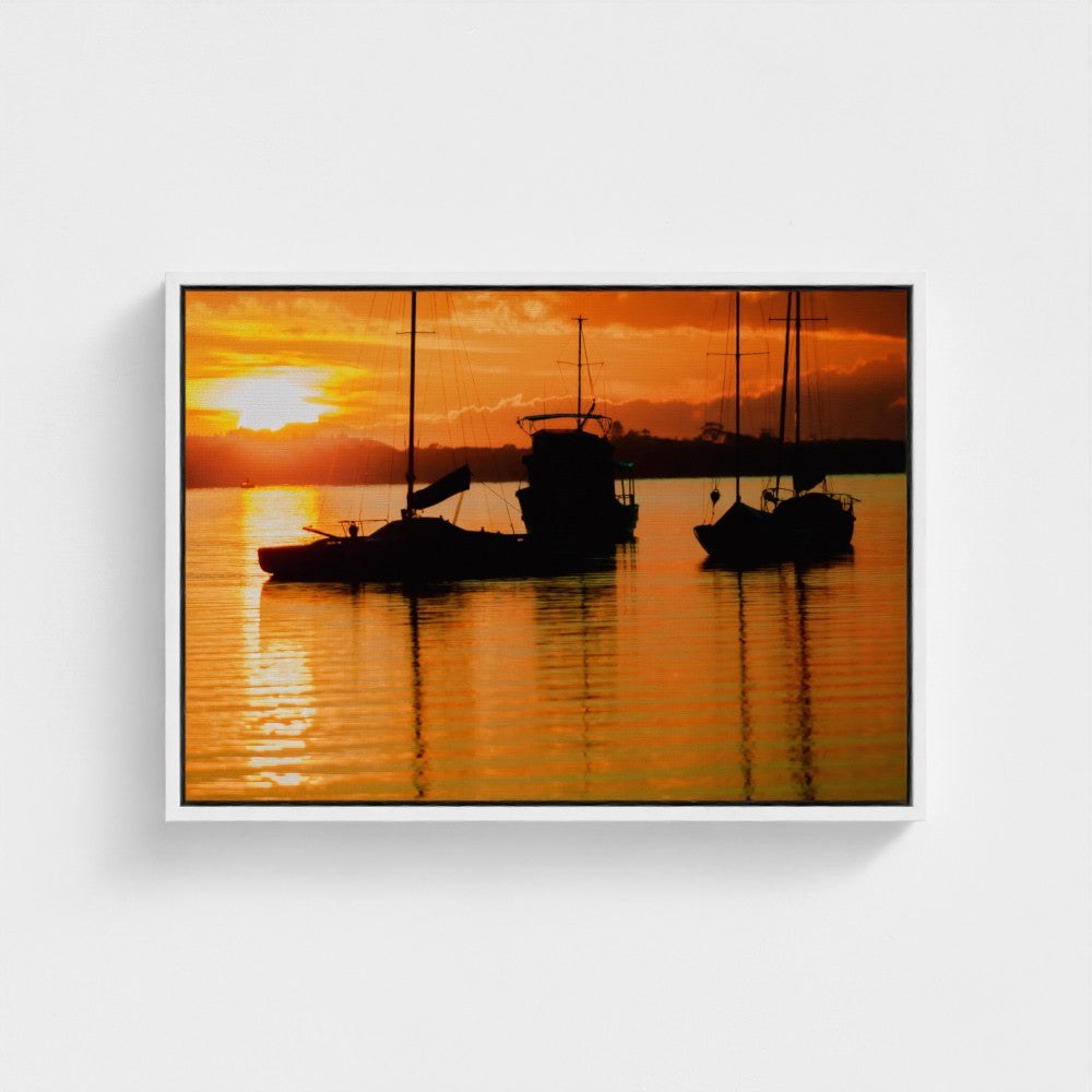 Floating Framed Canvas - Sailboats Fierily Sunset