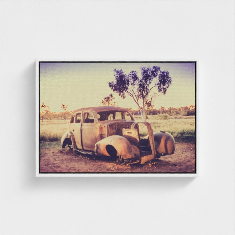 Floating Framed Canvas - Rusted Car in the Outback