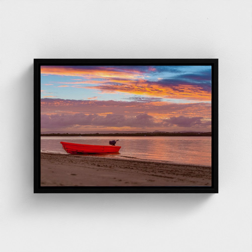 Floating Framed Canvas - Red Boat at Sunset Shore