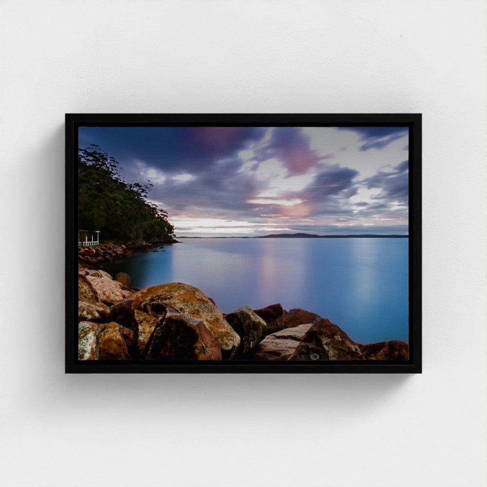 Floating Framed Canvas - Rocky Coastline at Sunset