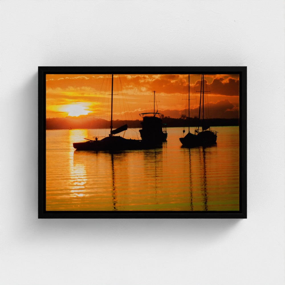 Floating Framed Canvas - Sailboats Fierily Sunset