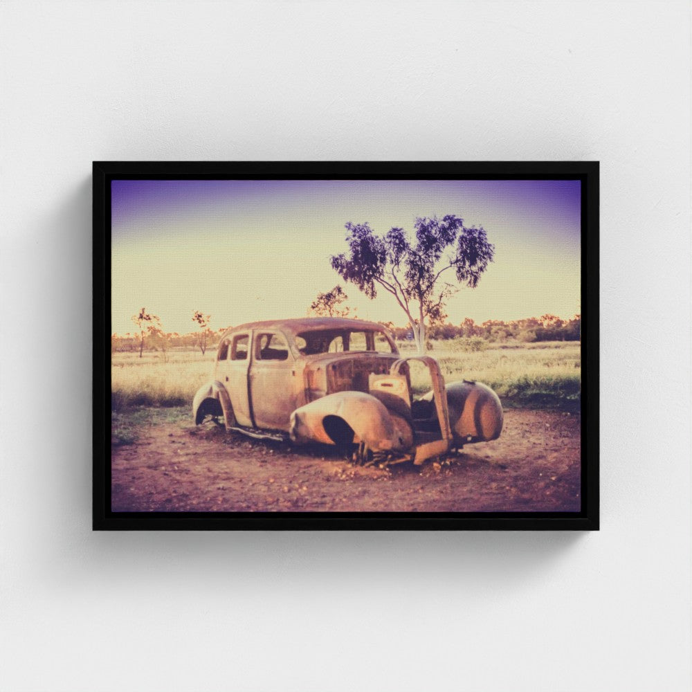 Floating Framed Canvas - Rusted Car in the Outback