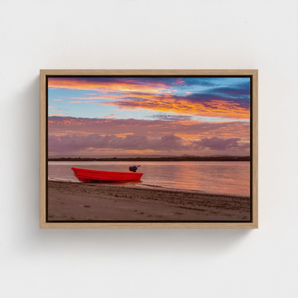 Floating Framed Canvas - Red Boat at Sunset Shore