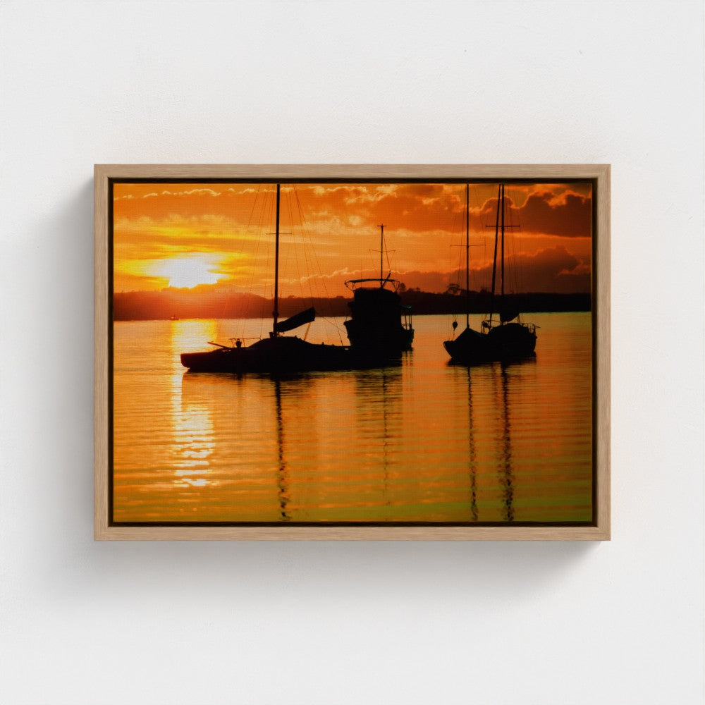 Floating Framed Canvas - Sailboats Fierily Sunset