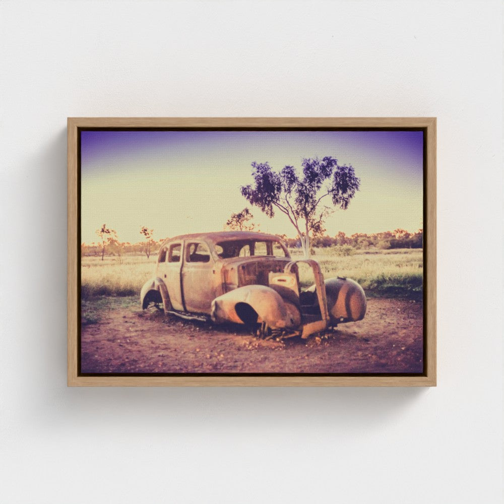 Floating Framed Canvas - Rusted Car in the Outback