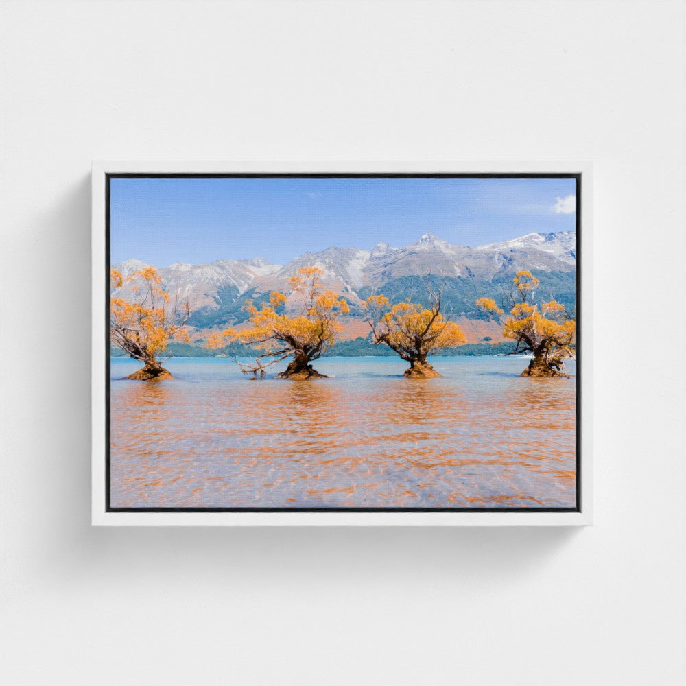Floating Framed Canvas - Willow Trees in Blue Lake