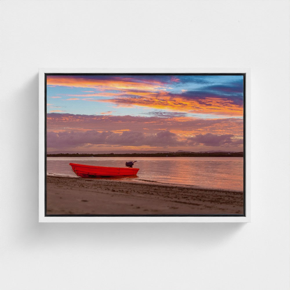 Floating Framed Canvas - Red Boat at Sunset Shore