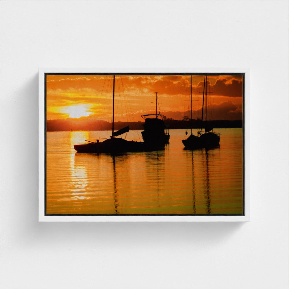 Floating Framed Canvas - Sailboats Fierily Sunset