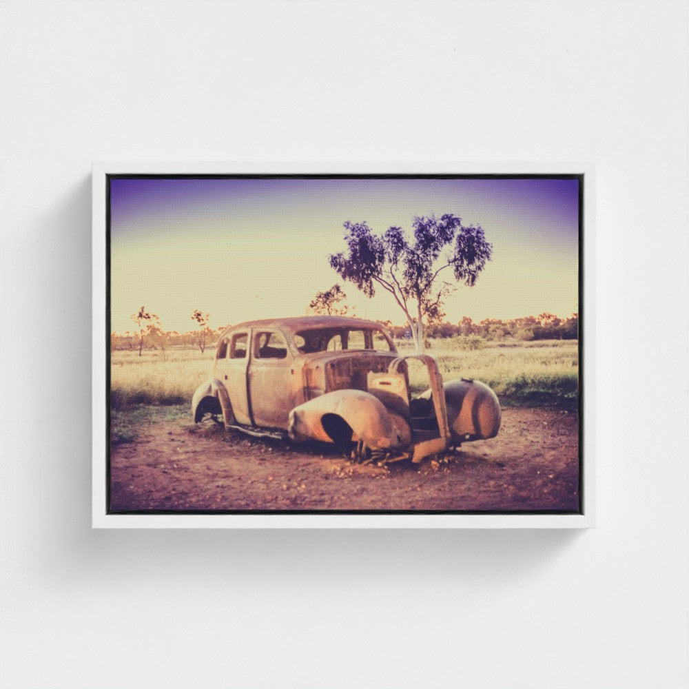 Floating Framed Canvas - Rusted Car in the Outback