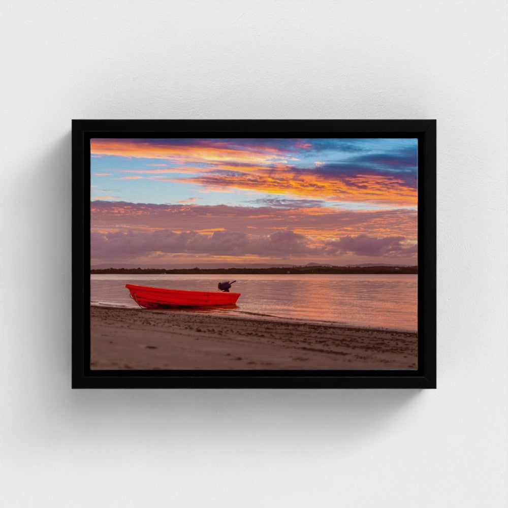 Floating Framed Canvas - Red Boat at Sunset Shore