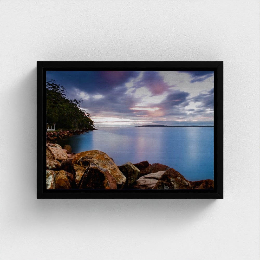 Floating Framed Canvas - Rocky Coastline at Sunset