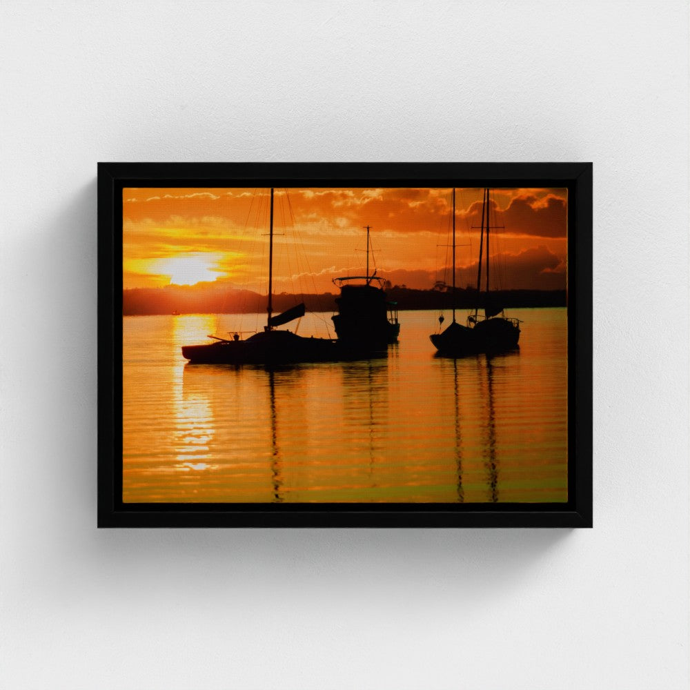 Floating Framed Canvas - Sailboats Fierily Sunset