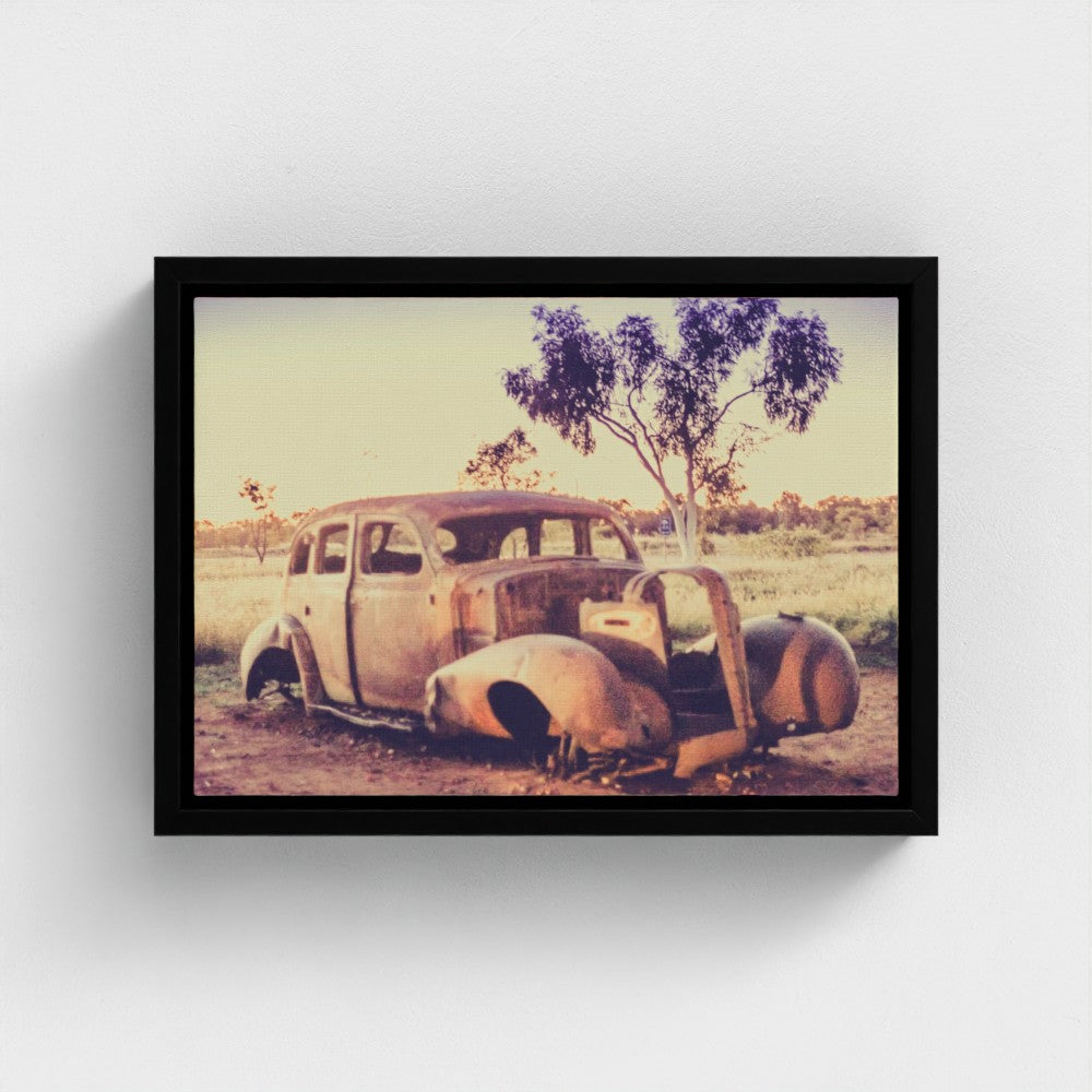 Floating Framed Canvas - Rusted Car in the Outback