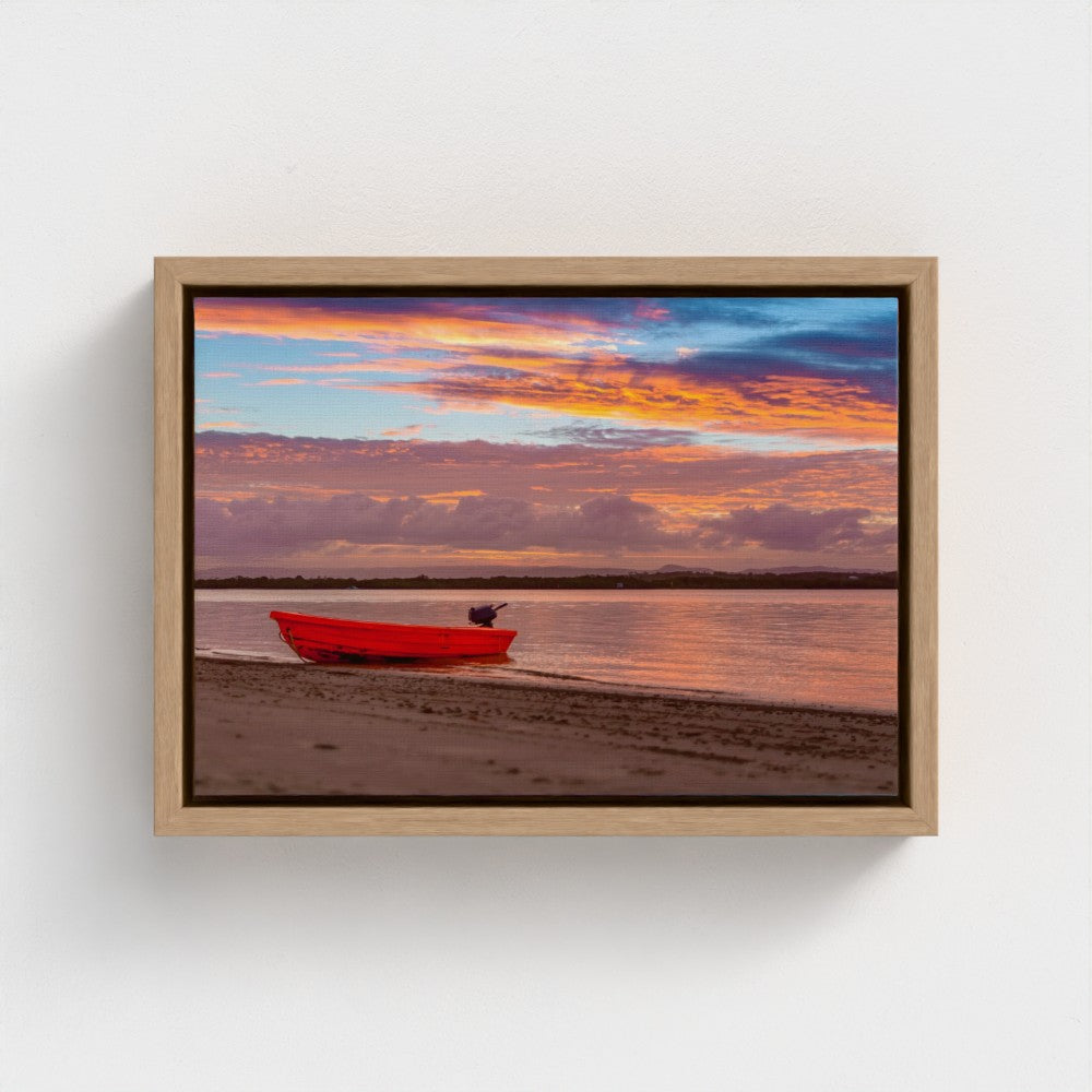 Floating Framed Canvas - Red Boat at Sunset Shore