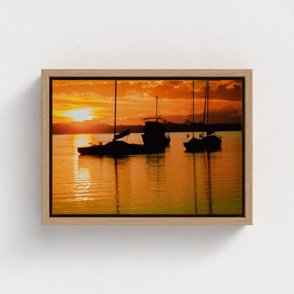 Floating Framed Canvas - Sailboats Fierily Sunset