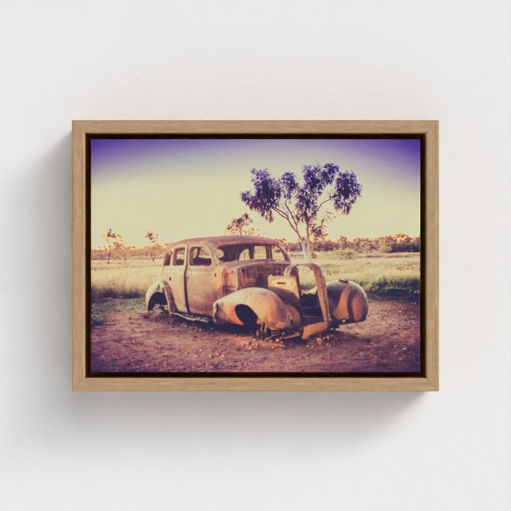 Floating Framed Canvas - Rusted Car in the Outback