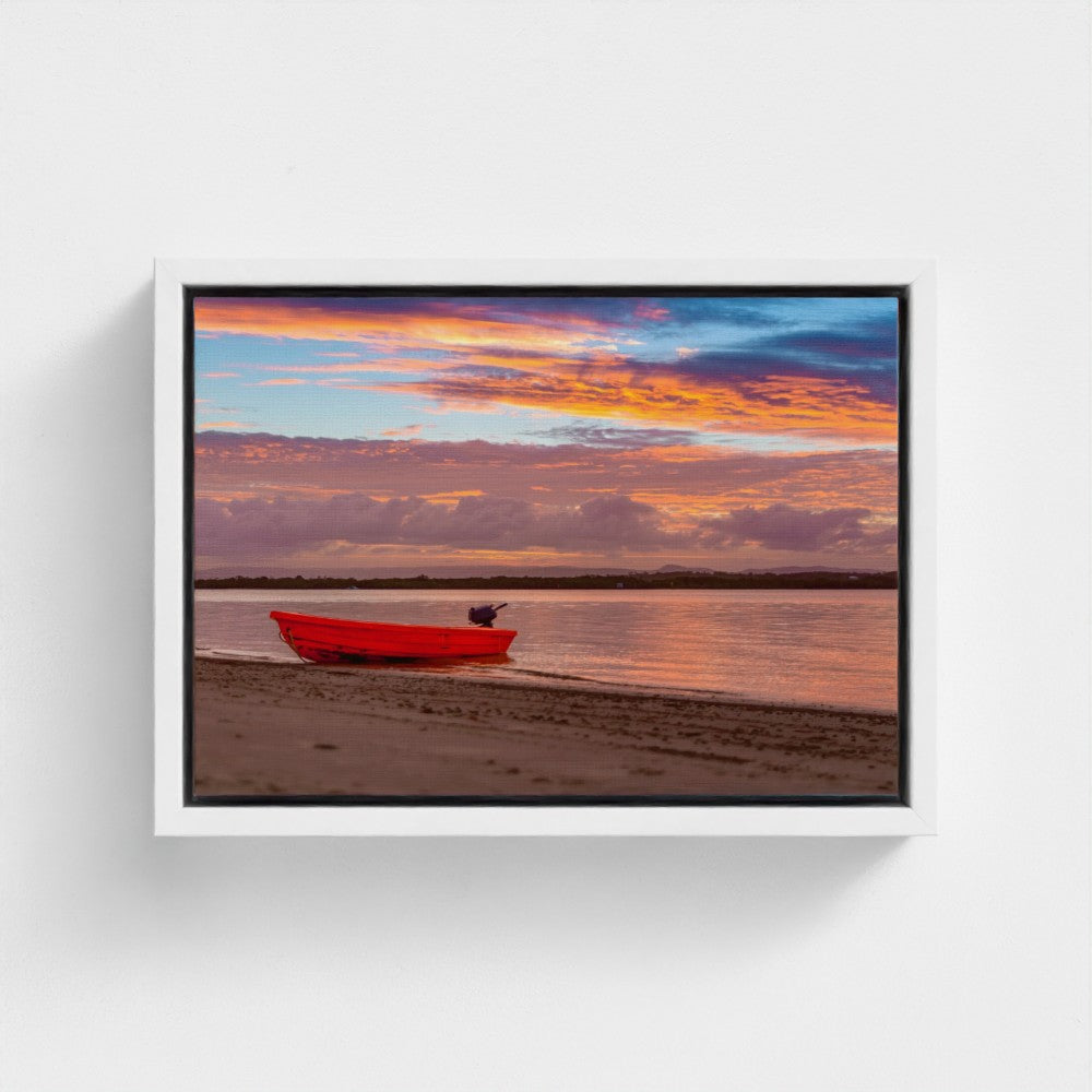 Floating Framed Canvas - Red Boat at Sunset Shore