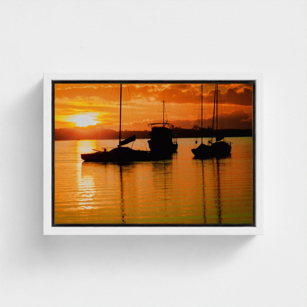 Floating Framed Canvas - Sailboats Fierily Sunset